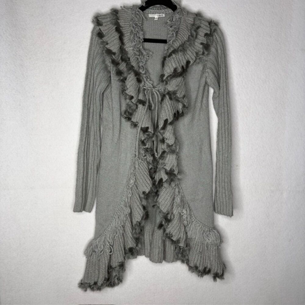 Lapis Gray Ruffle Faux Fur Trim Longline Open Cardigan Sweater Size XL
